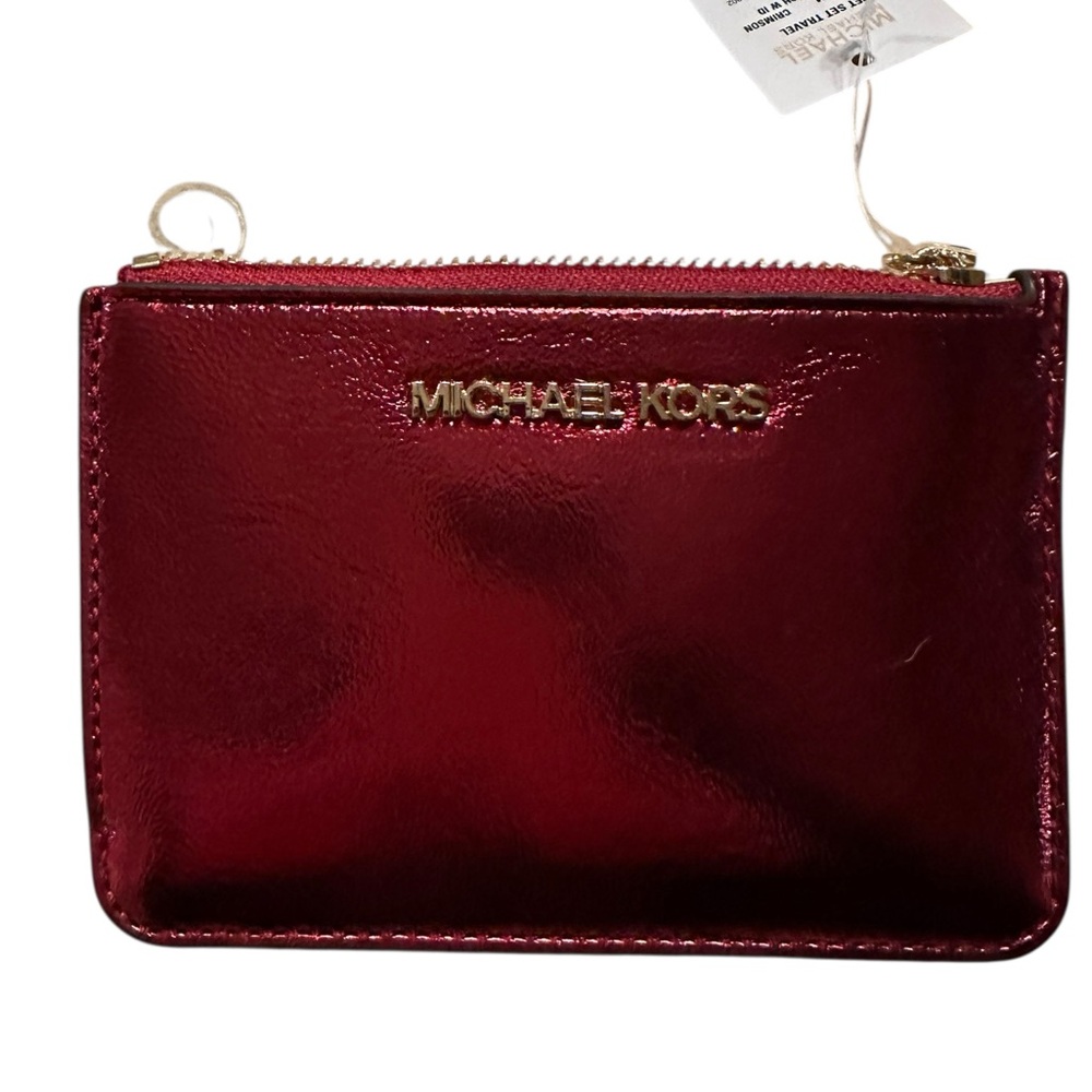 Michael Kors Red Metallic Card Holder Compact Design factory wrapped keychain